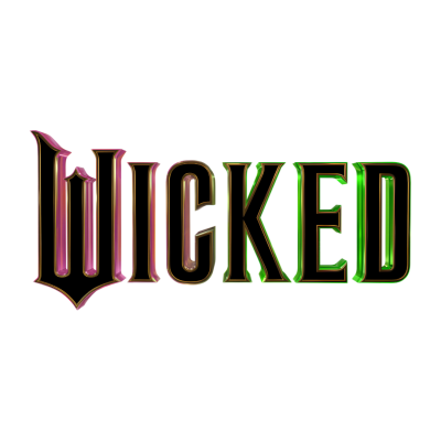 Palavra WICKED em letras pretas com contornos dourados e sombras coloridas.