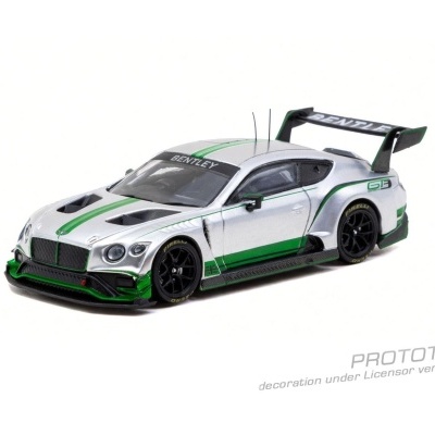 Miniatura de carro de corrida Bentley GT3 prata com faixas verdes