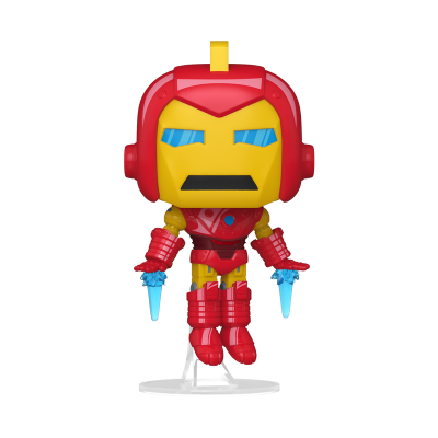 Figura Funko Pop do Homem de Ferro em amarelo e vermelho com efeitos azuis nas mãos e base transparente