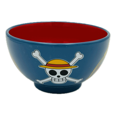 Taça azul com interior vermelho e símbolo de caveira com chapéu