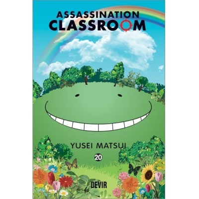 Capa de manga Assassination Classroom com cabeça verde sorridente, céu azul e flores coloridas