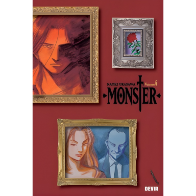 Capa de livro Monster Volume 6 com três ilustrações em molduras sobre fundo vermelho