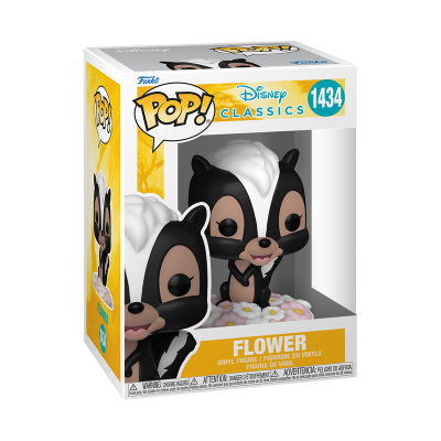Figura Funko Pop! Disney Classics Flower número 1434 dentro de caixa amarela e branca