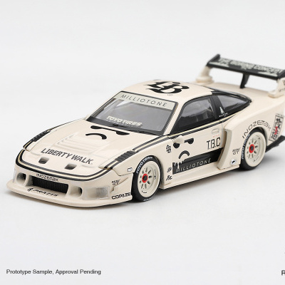 Miniatura de carro de corrida creme com detalhes e textos pretos e spoiler