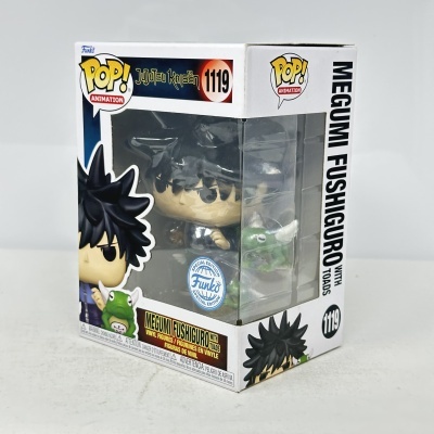 Boneco Funko Pop! de vinil Megumi Fushiguro com rãs da série Jujutsu Kaisen em caixa branca com janela transparente.