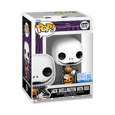 Figura Funko Pop Jack Skellington com caixa, roupa preta e branca, abóbora laranja, embalagem com janela transparente