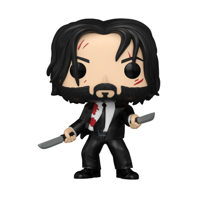 Figura Funko Pop masculina com cabelo e barba preta, fato preto, gravata branca e manchas vermelhas, segurando duas facas.