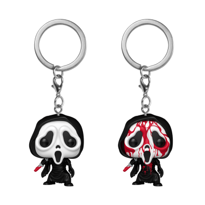 Dois porta-chaves Funko Pop Ghostface, máscara branca, um com manchas vermelhas, capa preta e faca vermelha