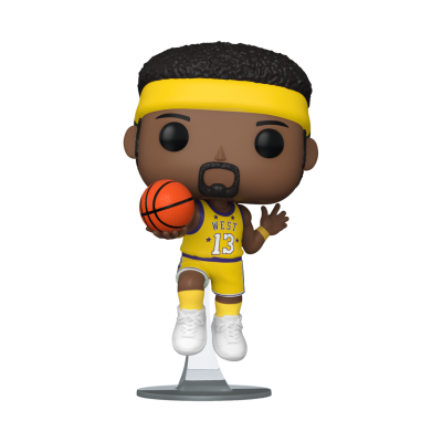 Figura colecionável Funko Pop de jogador de basquetebol com roupa amarela e bola laranja