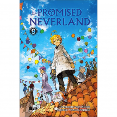 Capa do manga The Promised Neverland, volume 9, personagens no telhado com balões e bandeirinhas ao fundo