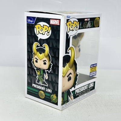 Funko Pop President Loki embalagem com logos Disney+, Marvel, e selo edição limitada