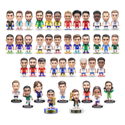 Figuras caricatura de jogadores de futebol com uniformes coloridos e bases temáticas FIFA World Cup.