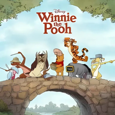 Personagens da Disney Winnie the Pooh atravessando uma ponte de pedra