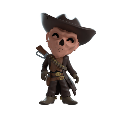 Figura colecionável estilizada de esqueleto caubói em castanho escuro