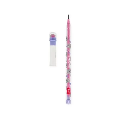 Caneta de feltro rosa decorada com gatos e corações com tampa transparente lilás