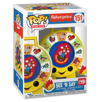 Figura Pop! Fisher-Price See 'N Say amarela com ponteiros e imagens de animais na embalagem