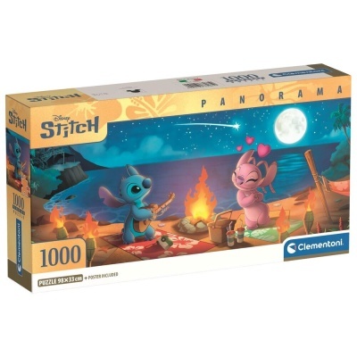 Caixa de puzzle Disney Stitch com 1000 peças, imagem de Stitch e Angel numa praia à noite com fogueira e lua cheia.