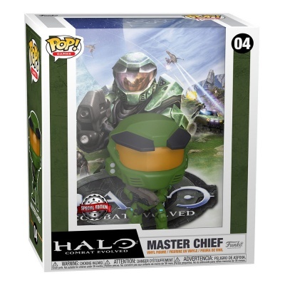 Funko Pop! Master Chief Halo Combat Evolved com capacete verde e viseira laranja na caixa