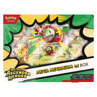 Caixa de cartes Pokémon Mega Meganium ex Box com cartas visíveis em embalagem colorida
