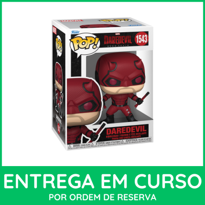 Boneco Funko Pop! Daredevil da Marvel na caixa com fundo branco e moldura verde com texto sobre entrega