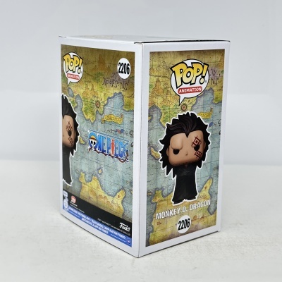 Embalagem branca de Pop! Animation com personagem Monkey D. Dragon e mapa de fundo