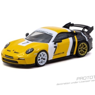 Miniatura de carro desportivo Porsche amarelo, preto e branco com número 1