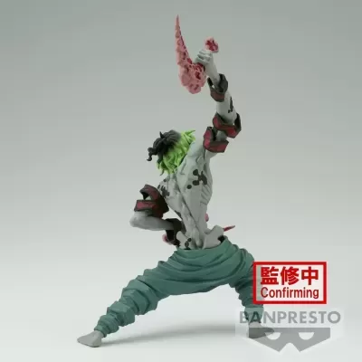 Figura de personagem cinzenta com cabelos verdes e detalhes vermelhos, em pose dinâmica, com selo Confirming e logo BANPRESTO