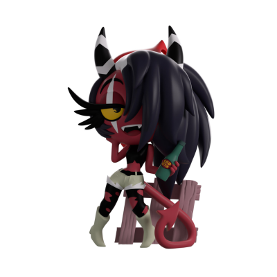 Estatueta personagem vermelho com chifres, cabelo preto, roupa preta e branca, segurando garrafa ALPHA BITCH