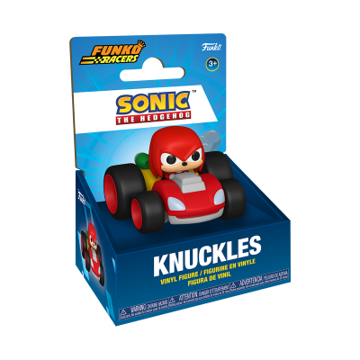 Figura de vinil Funko Racers Knuckles em carrinho vermelho na embalagem azul.
