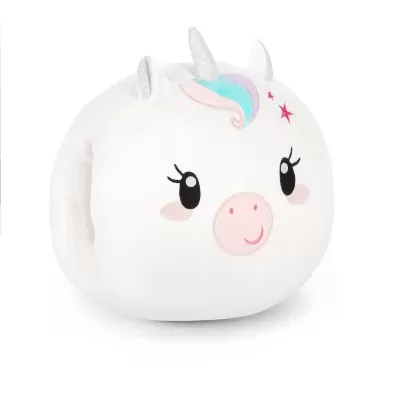 Almofada branca em forma de unicórnio com chifre e orelhas brilhosas