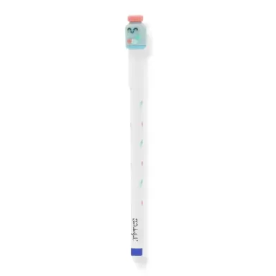 Caneta branca com tampa decorativa azul em forma de frasco sorridente