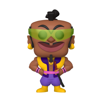 Boneco estilizado com óculos verdes, roupa roxa e amarela e botas amarelas segurando uma espada.