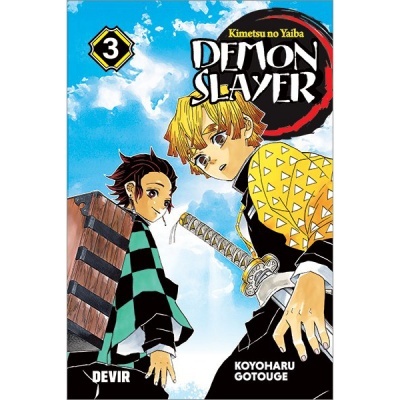 Capa colorida do manga Demon Slayer volume 3 com dois personagens, céu azul ao fundo.