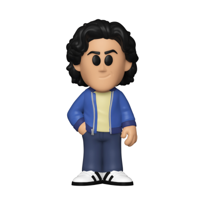 Figura colecionável de personagem com casaco azul e cabelo encaracolado