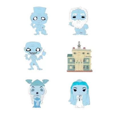 Seis figuras colecionáveis tipo bonecos azuis com um edifício detalhado em tons suaves
