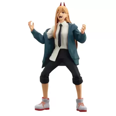 Figura colecionável de personagem feminina com roupa formal e chifres vermelhos em fundo branco