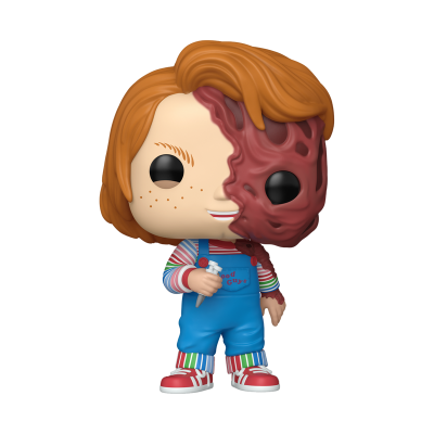 Figura Funko Pop do personagem Chucky com meio rosto deformado e roupa colorida