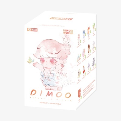Caixa branca com personagem ilustrado e texto DIMOO World POP MART
