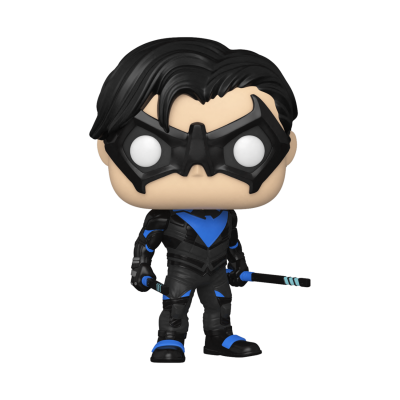 Figura Funko Pop Nightwing com máscara e traje preto e azul, fundo branco