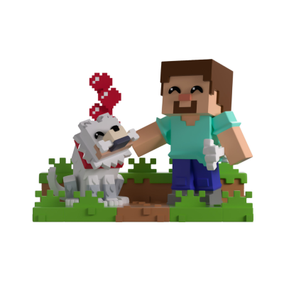 Figura de brinquedo pixel art com boneco humano e cão branco numa base verde.