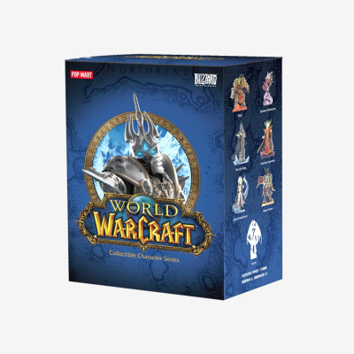 Caixa azul do jogo World of Warcraft com personagens colecionáveis e texto da série