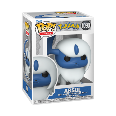 Funko Pop Absol em caixa de embalagem transparente com design Pokémon.
