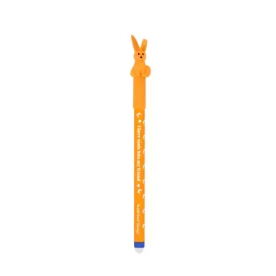 Caneta laranja com tampa em forma de coelho e texto branco