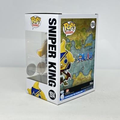 Caixa de boneco Funko Pop! Sniper King com fundo de mapa e marca One Piece