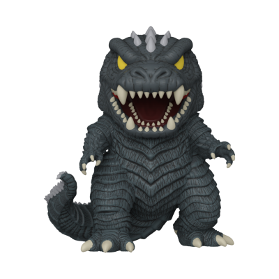 Figura estilizada de Godzilla cinza com olhos amarelos e dentes afiados