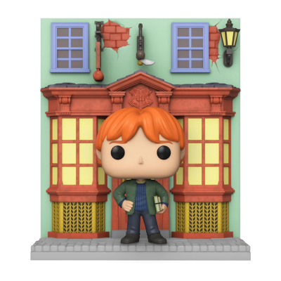Figura Funko Pop com base de fachada de casa verde e janelas azuis