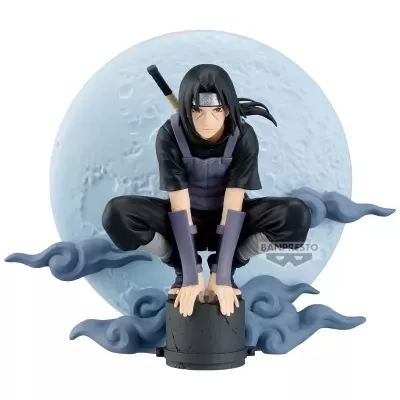 Figura colecionável de personagem anime sentado com lua azul ao fundo