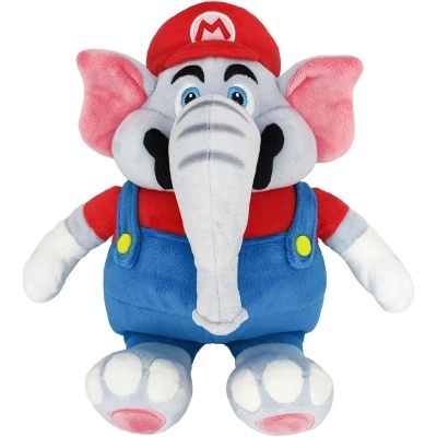Boneco de peluche elefante com roupa azul e vermelha e chapéu vermelho com letra M