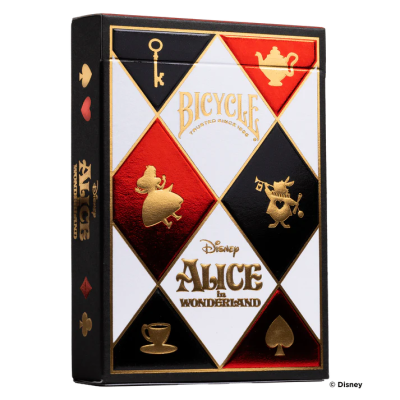 Caixa de baralhos Bicycle Disney Alice in Wonderland com design em losangos e detalhes dourados