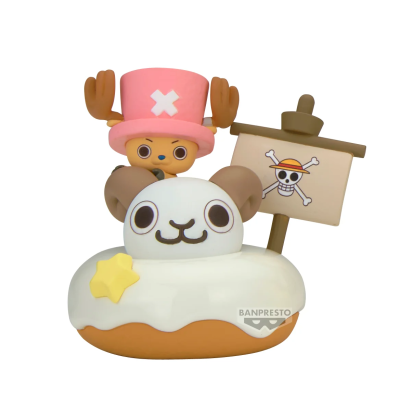 Figura de vinil personagem carapuça rosa em donut branco com estrela amarela e sinal caveira BANPRESTO